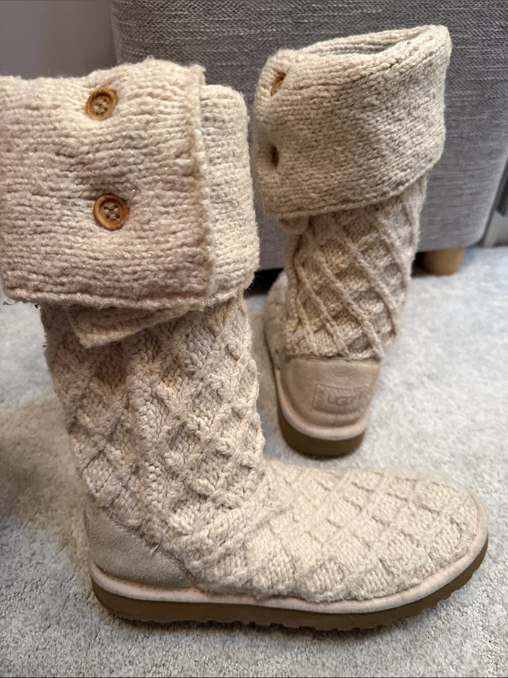 UGG Cable Knit Fold-Over Boots in Beige Cream